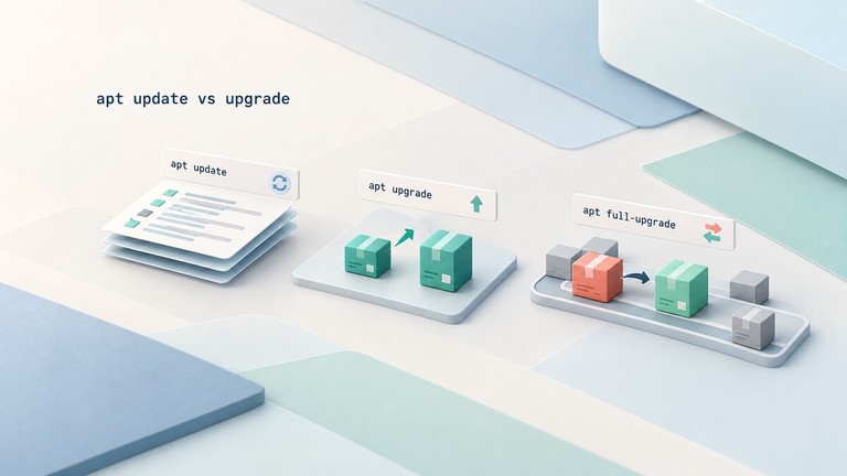 Repository index and software package blocks illustrating apt update, apt upgrade, and apt full-upgrade
