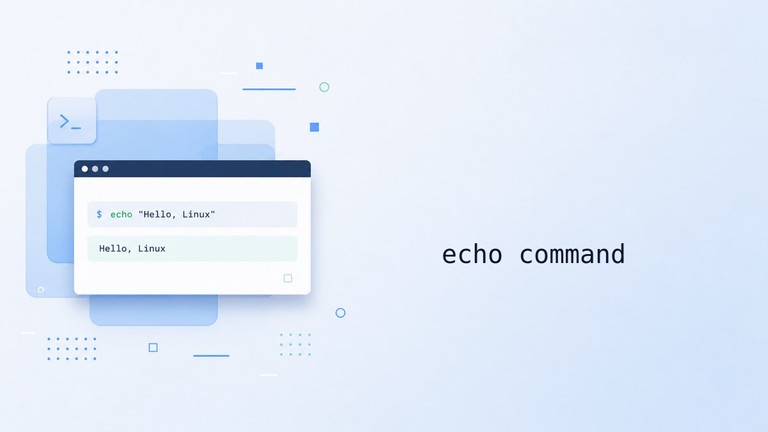 Stylized terminal showing the echo command printing Hello, Linux