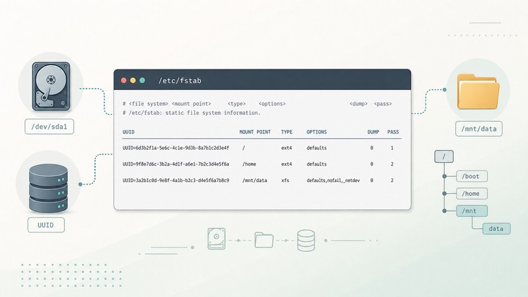 The /etc/fstab file shown as a Linux storage configuration map