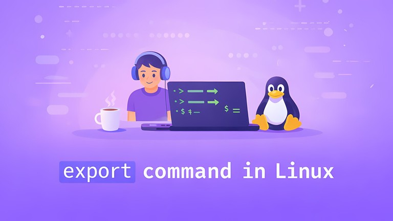 Developer using the export command in a Linux terminal beside the Tux mascot