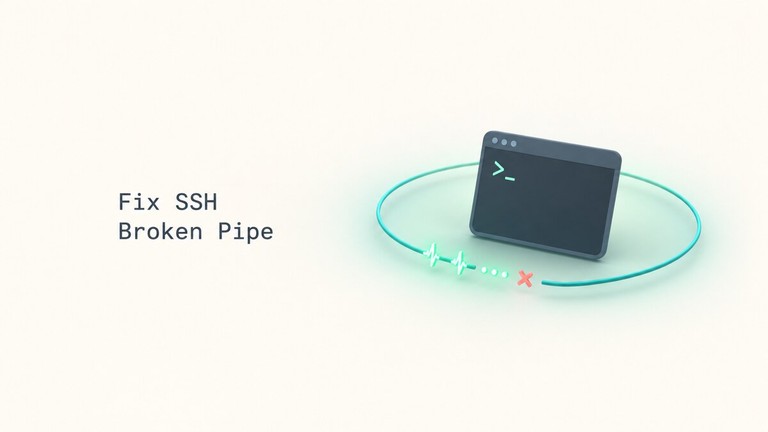 Terminal surrounded by an interrupted SSH connection loop and keepalive pulses