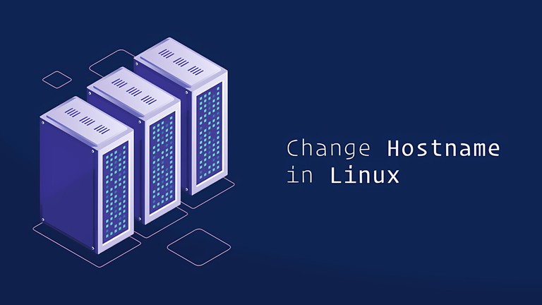 Three illustrated server towers beside the text Change Hostname in Linux