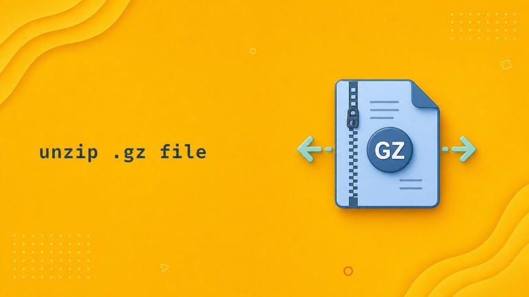 GZ file icon beside the text unzip .gz file on a yellow background