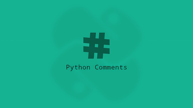 Hash symbol above the text Python Comments on a teal background